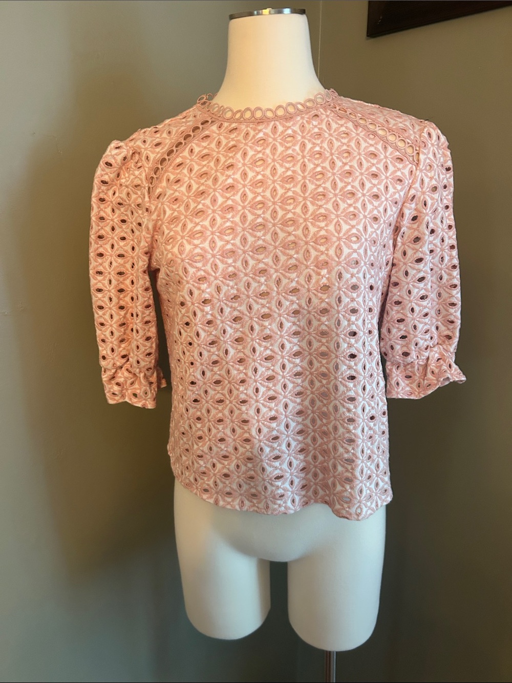 Women's Pink Eyelet Lace Puff Sleeve Top